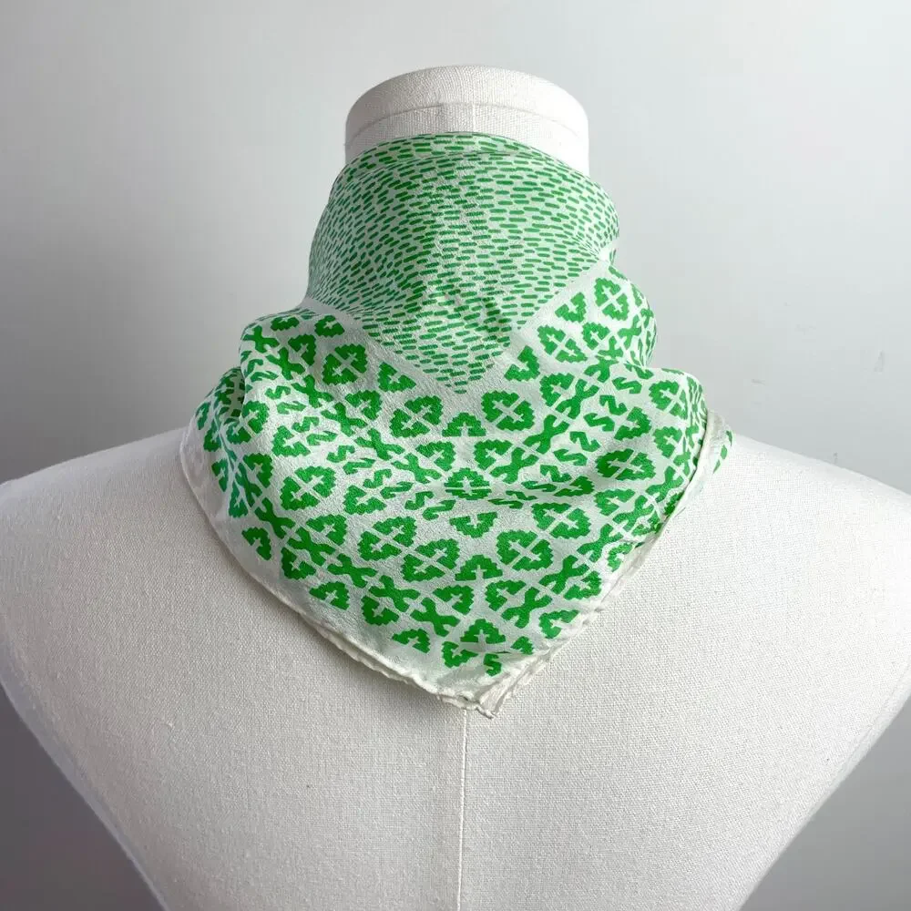 Vintage 70s Silk Square‎ Scarf Green White Colorful Geometric Abstract Japan